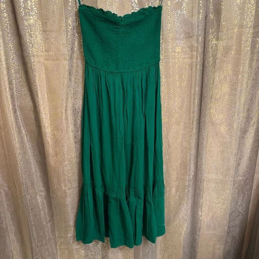 Aerie Kelly Green Smocked Strapless Midi Beachy Summer Dress XS NWT